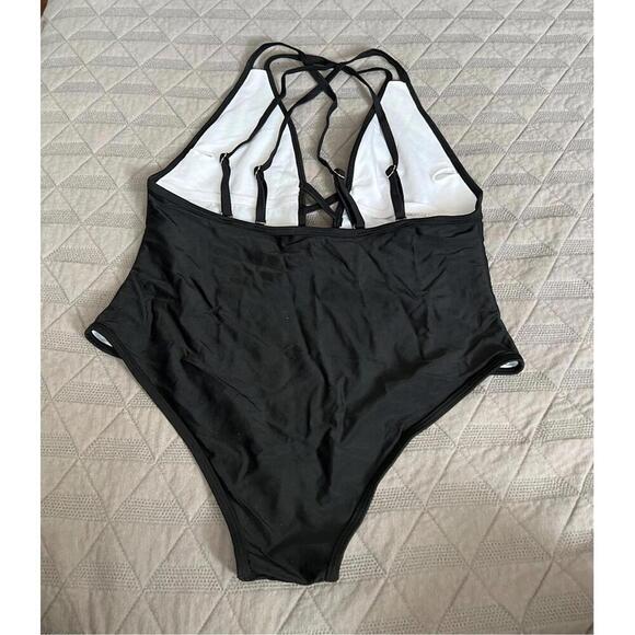 SHEIN Black Criss Cross Plunge V Neck One Piece Swimsuit Women Sz L - Picture 4 of 5
